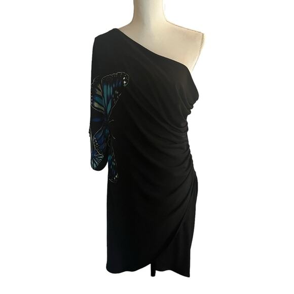 Bisou Bisou Butterfly Print One Shoulder Black Dress Size 14 - Picture 1 of 5